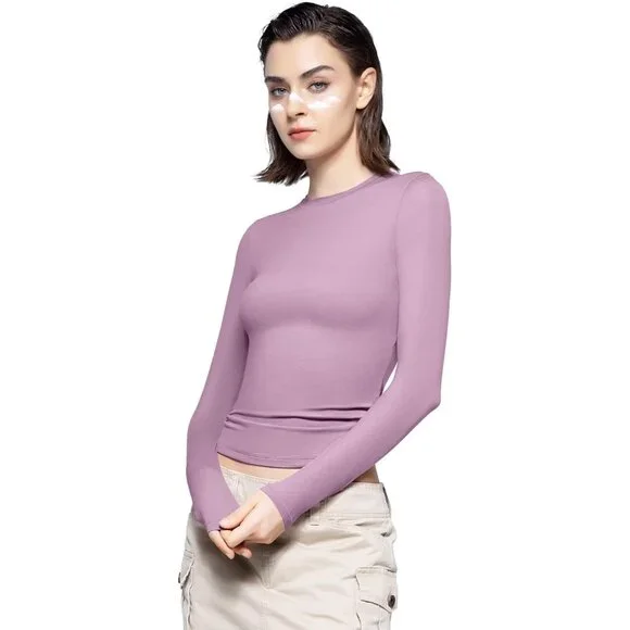 Women's Mauve Long Sleeve T Shirts Crew Neck Slim Fit Sexy Collection - Picture 2 of 6